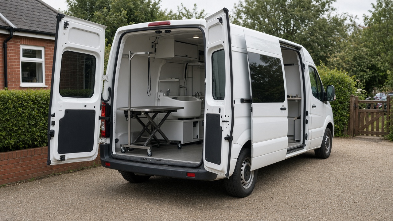 Sample photo: mobile dog grooming van on a driveway with grooming table and bath visible